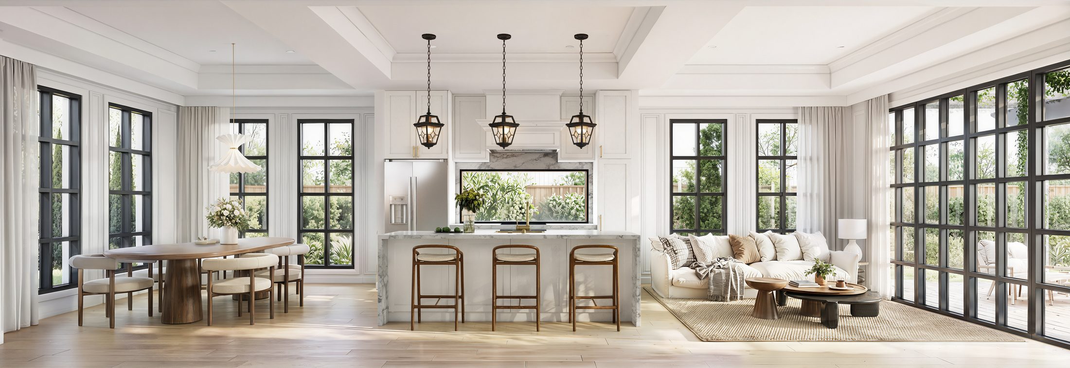 Kitchen, living and dining